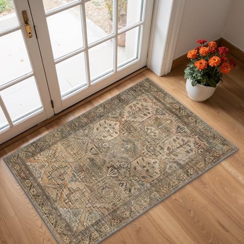 Bavni 2x3 Entryway Rug Bathroom Rugs for Front Door Bedroom Bathroom Kitchen, Washable Vintage Print Carpet, Ultra-Thin Chenille Lightweight Rug with Non Slip Backing, Warm Taupe