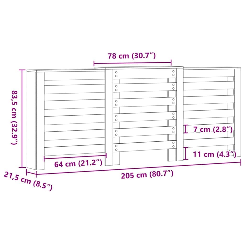 Heizkörperabdeckung Schwarz Eichen-Optik aus Holzwerkstoff 205 x 21,5 x 83,5 cm, mit Regalfach und vertikalen Latten für effizienten Wärmefluss im Wohnzimmer