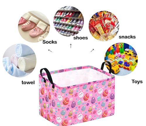 Image of Rectangle Gift Storage Basket Home Shelf Storage Basket Organizer Box Clothes Laundry Hamper Nursery Basket Laundry Basket with Handles (Pink egg)