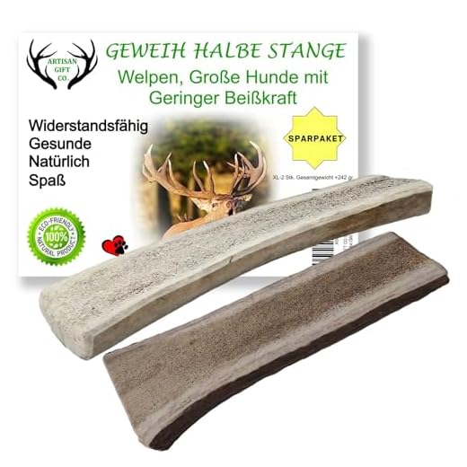 ARTISAN GIFT CO Hundesnack Rothirsch Geweih Kausnack 100% Natürlich – Halbe Stangen 2 stück (XL). Gesamtnettogewicht 242gr. Ideal für Welpen, ältere Hunde und leichte Kauer. EINGWEG