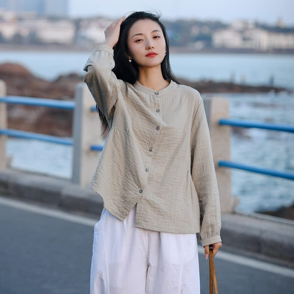 Langarmshirt Damen,Damen-Baumwoll-Leinen-Hemd Vintage Hellgraue Schlichte Leichte Jacke Mit Rundhalsausschnitt Elegante Tägliche Freizeit-Strandbluse Langarm-Button-Down-Blusen Lässige Tunika-Tops