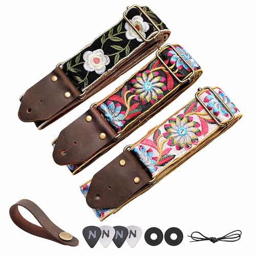 Image of Nefelibata Guitar Strap,Crazy Horse Leather Jacquard Embroidery Cotton Guitar Straps for Bass, Electric & Acoustic, Best Gifts for Guitarists(Retro Black Daisy)