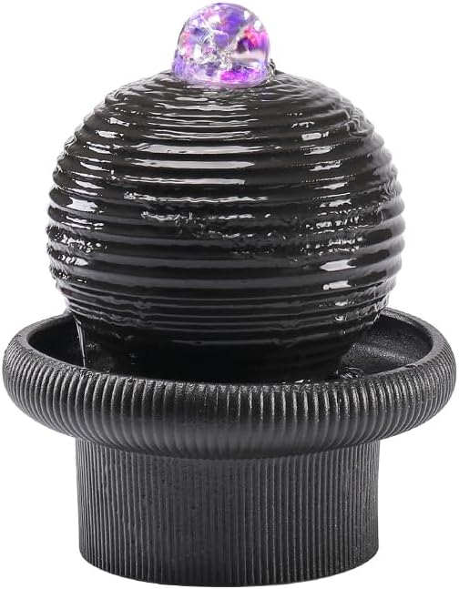 Generic Tabletop Water Fountain with LED Light, Black Ceramic, Round Shape, Fluorescent Flowing Water (Large 9 * 12inches)(Large 9 * 12inches)