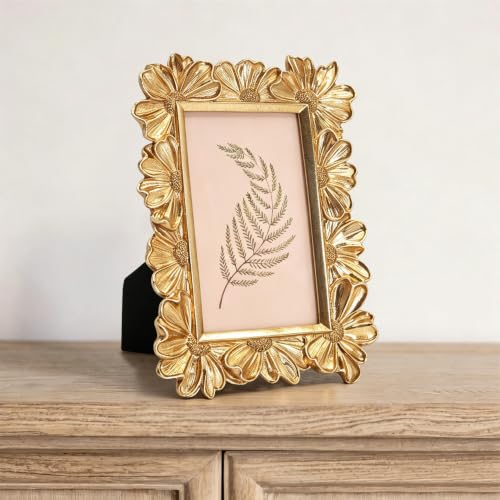 Image of Antique Floral Picture Frame - Resin & Glass Victorian-Style Frame for Tabletop or Wall Decor (Gold, 5 inch x 7 inch)
