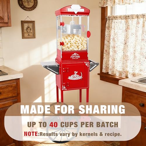 Image of 10oz Popcorn Machine with Cart - Vintage Movie Theater Style Maker - Shatterproof Acrylic and Storage Cabinet for Home Parties, Concessions - Red
