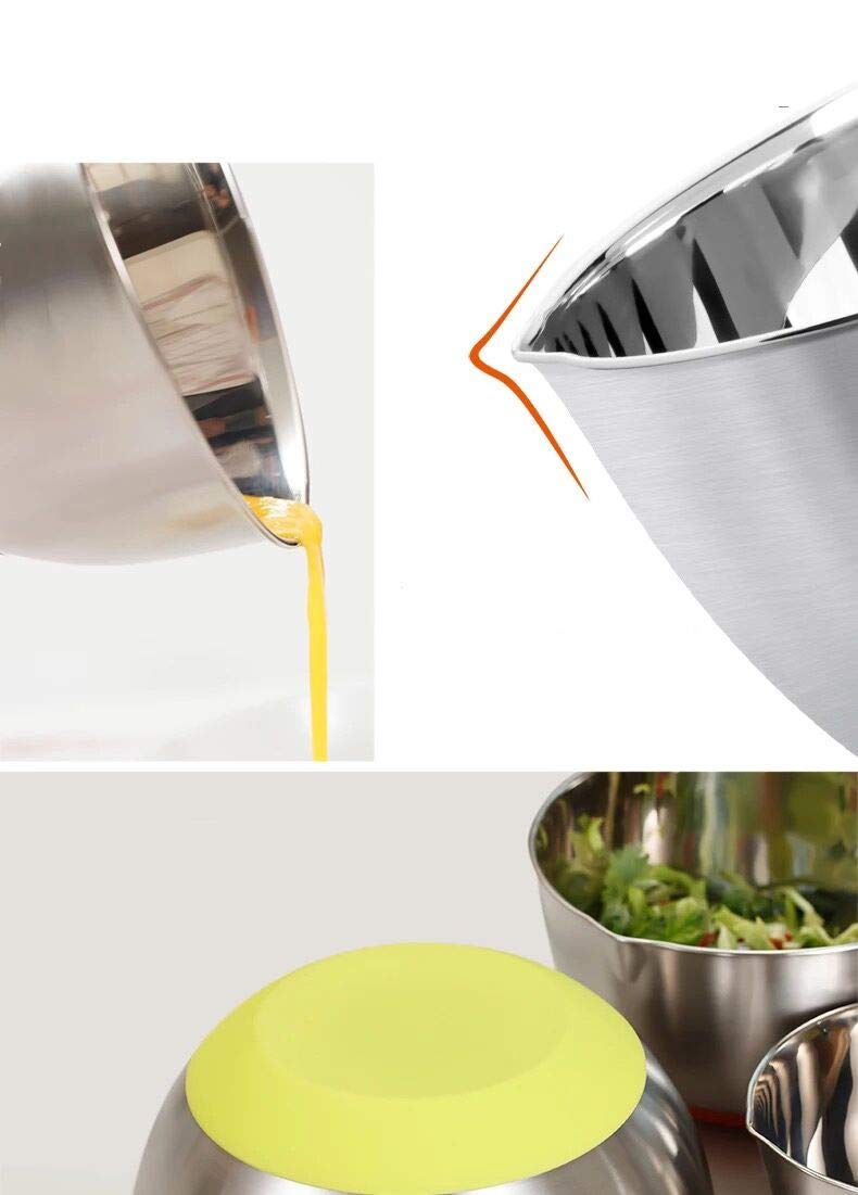 Set De 3 Bols En Inox Avec Bec Verseur - 1.5L, 3L, 5L - Fond Silicone Antidérapant - Pour Cuisine Et Préparation