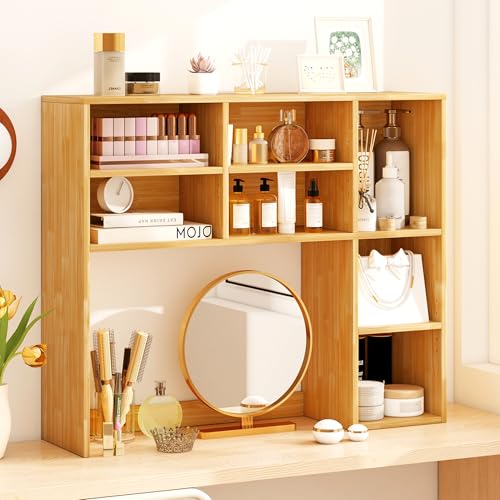 Image of Tangkula Desktop Bookshelf, 37 inch Countertop Storage Hutch with 7 Cubes & 3 Adjustable Shelves, 3-Tier Desk Display Rack Organizer, Multipurpose Wood Desktop Hutch for Dorm Home Office (Burlywood)