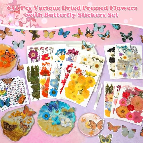 Image of Evatage 630 Pcs Dried Pressed Flowers & Butterfly Stickers for Resin Crafts | Real Dry Florals Plants Leaves for Resin Jewelry Molds, Candle, Soap, Scrapbook, Bookmark, Frame, Card Making, Nail Art Decor