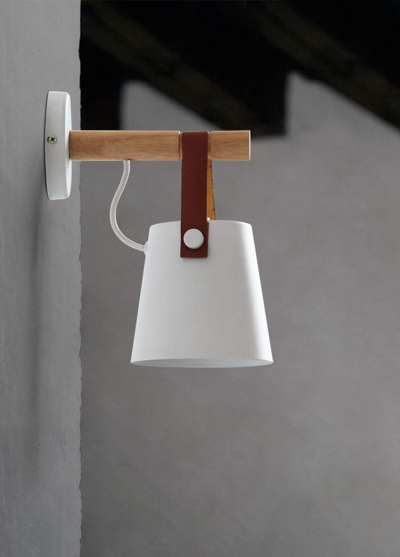 Chrasy E27 Moderne Applique Murale Métal Style En Fer Forgé Bois Ceinture Applique Murale Creative Nordique Eclairage Suspension Luminaire (Blanc)