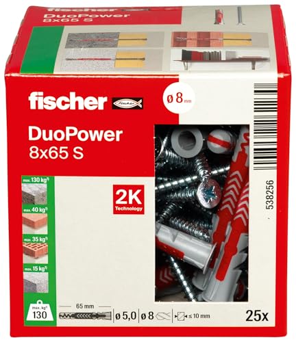 Image of Fischer DuoPower 8 x 65 S, Powerful Universal Plug with Safety Screw, Intelligent 2-Component Technology for fastenings in Concrete, Bricks, Stone, etc., 25 Plugs & 25 Screws