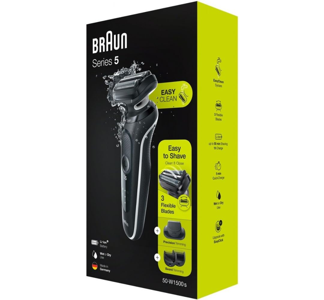 Braun Series 5 golarka elektryczna z nasadką EasyClick, trymer do brody, golarka męska, EasyClean, na mokro i sucho, prezent dla mężczyzny, wyprodukowano w Niemczech, 51-W1500s, biała