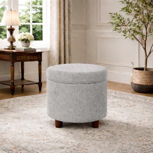 Image of Homepop Home Decor | Upholstered Round Storage Ottoman | Ottoman with Storage for Living Room & Bedroom, Light Gray Tweed Large