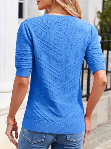 Image of Womens Puff Short Sleeve Sweater Summer Crew Neck Ribbed Knit Pullover Tops