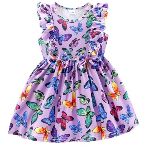 Toddler Butterfly Summer Dress Girls Purple Dresses Casual Ruffle Sleeveless Bowknot Dress Littler Girl Spring Fall Clothes Outfit (1867-3-4T)