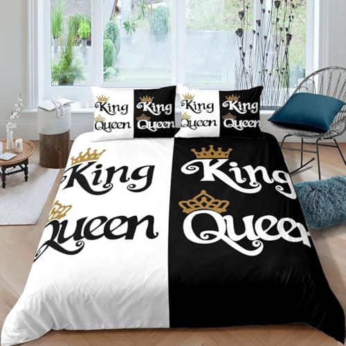 Ensemble de Literie King et Queen 220x240 Housse de Couette Noire et Blanche pour Adulte Couple Femmes Hommes Parure de Lit Sweet Love Decor Housse Couette En...