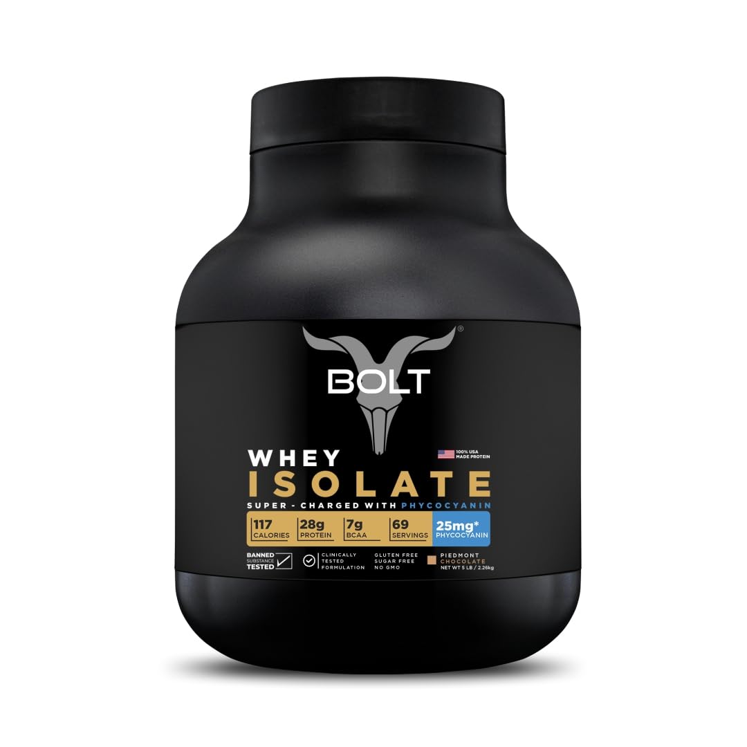 BOLT Nutrition Whey Isolate Protein Powder | With Superfood PHYCOCYANIN | USA Formulation & Origin | For Muscle Strength & Bone Health | 5LB/2.26kg (69 Servings) | Piedmont Chocolate-image-49