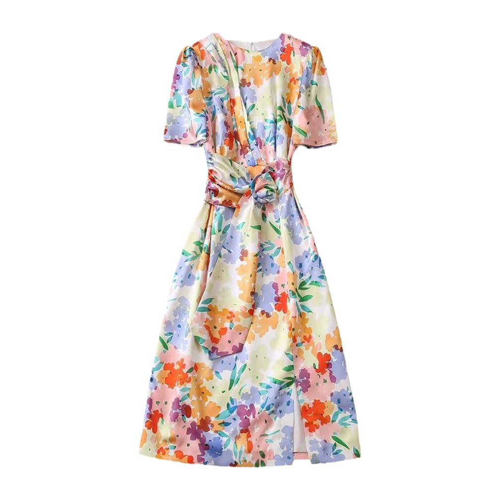 cotzfoz Elegant Party Dresses for Women Summer Fancy Floral Print Knee Length Dresses Casual Holiday Robe Women