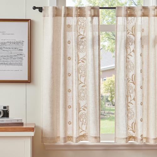 TOPICK Lot de 2 rideaux brise-bise blancs sur brut, avec passants cachés, courts, en lin brodé, pour salon, chambre à coucher, translucide, style maison de...