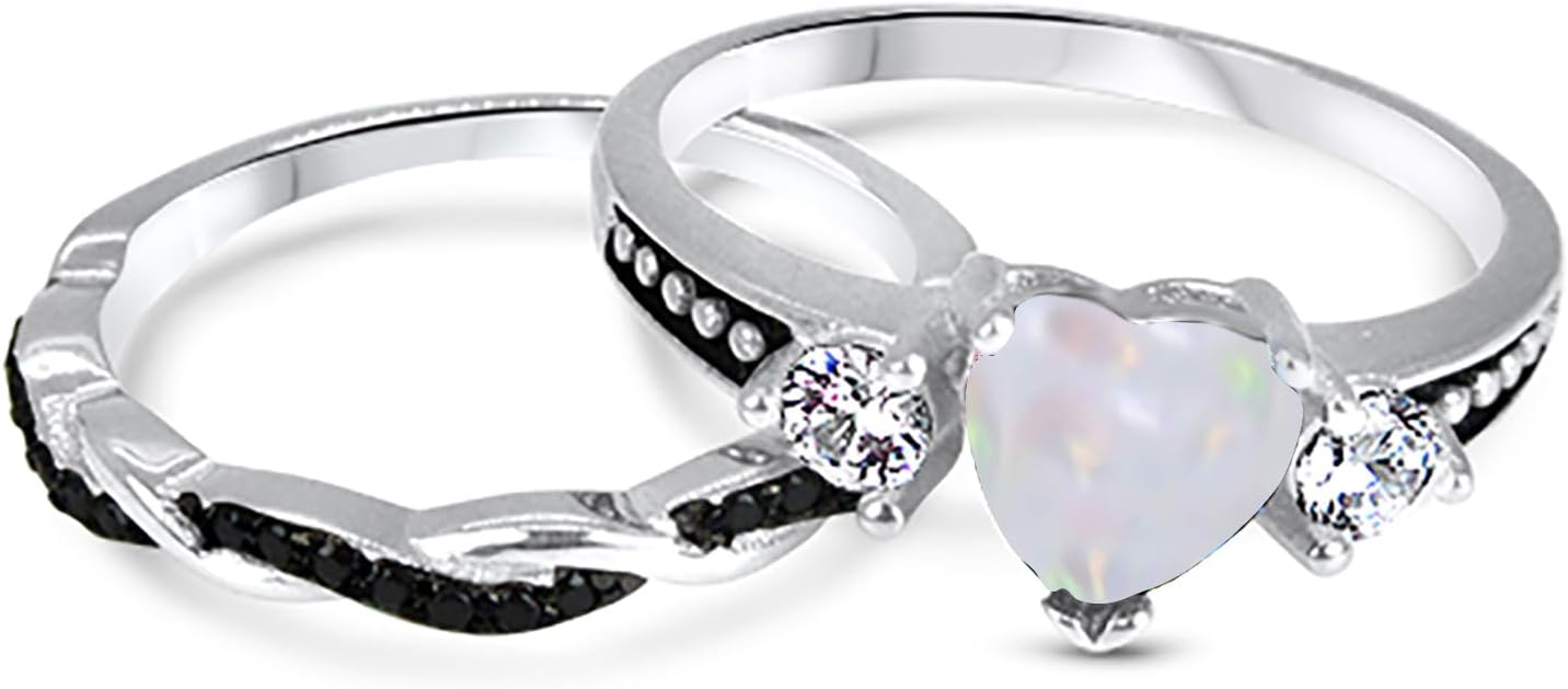 LaRaso & Co His and Hers 3 Piece Trio Sterling Silver Black Couples Wedding Band Engagement Ring Set