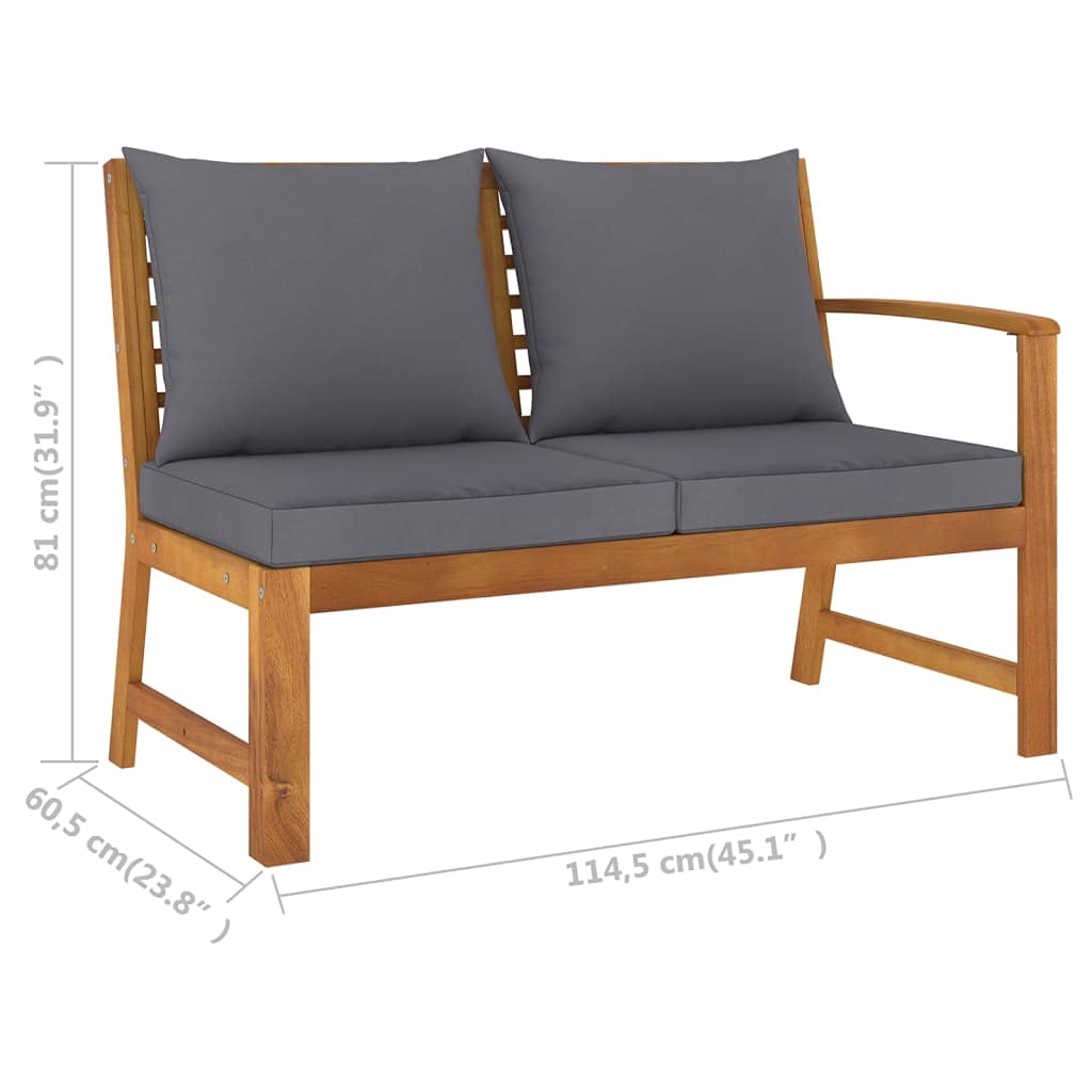 Banco de jardín de 114,5 cm con cojín gris macizo de acacia, muebles de patio, muebles de exterior adecuados para terrazas, terrazas y jardines