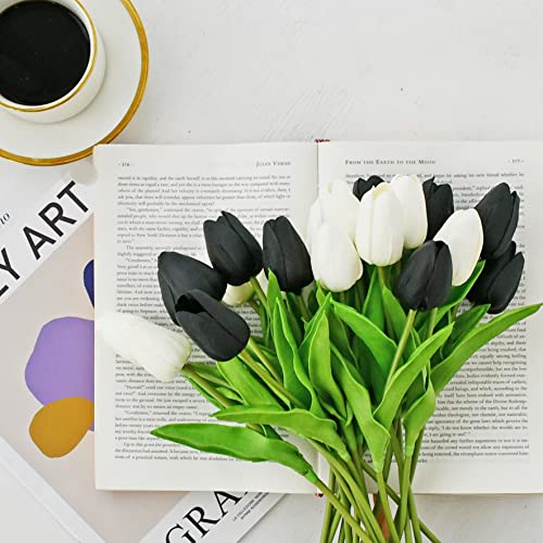 Image of ONLY ART Artificial Black Tulips 20 Pcs - 13.5 Inch PU Faux Flowers with Bendable Stems for Home Decor, Wedding Centerpieces, DIY Floral Arrangements, New Year and Valentine's Day