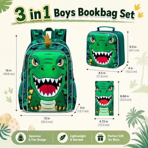 Image of 16 inch Dinosaur Backpack for Boys, 3Pcs Dino Kids Bookbag with Lunch Box, School Backpacks for Elementary Preschool Kindergarten (Green)