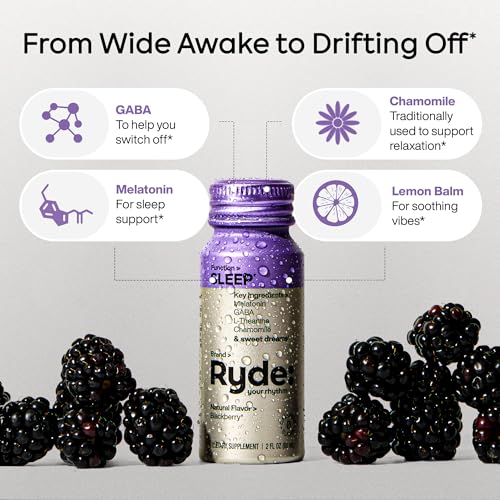 Image of Ryde Discovery Pack, Energize, Focus, Relax & Sleep Shots, Green Tea Caffeine, Ginseng, B Vitamins, L-Theanine, Lemon Balm, Chamomile, Melatonin, 0 Calories, 0 Sugar, Variety Pack (8 Pack)