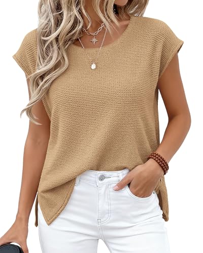 BTFBM Sweater Vest Women Cap Sleeve Tops,Khaki,X-Large - image 2