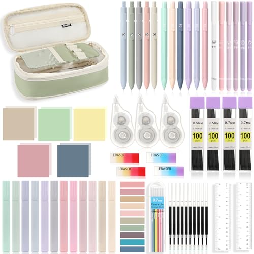 Image of MoKo 60Pcs Aesthetic School Supplies with Cute Pencil Case (Green), 12 Pastel Highlighters, 5 Black Ink Gel Pens, 6 Mechanical Pencil Set 0.5 & 0.7 mm for Students Stationary College Essentials