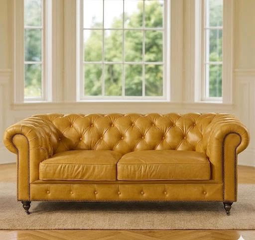 Image of Modern Classic Design Leatherette Luxury Chester Sofa Set with Button Tufted, 3+2+1=6 Seater Sofa for Living Room Home, Office and Lobby (Yellow, 3+2+1=6 Seater Sofa)