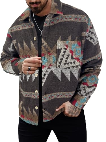 PLEPAN Men's Casual Aztec Print Cotton Button Down Jacket Long Sleeve Overshirt Turndown Collar Western Shacket Coat