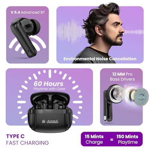 Image of AROMA TWS19 Power V5.4 True Wireless Earbuds - Dazzling Black | up to 60H Playtime, ENC, Fast Charging, Bluetooth