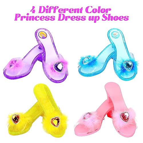 kuaima Princess Dress Up Shoes Set Girls Role Play Shoes Pretend Jewelry Toys Set Gift Set 4 Pairs of Shoes Kit Collection of Tiara Crown Earrings Necklace Rings Handbag Gloves for Girls 3-6 Years