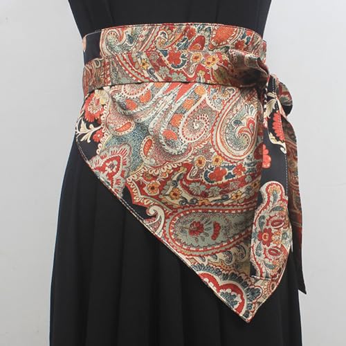 Women Japanese Style Triangle Waistband Obi Belt Floral Print Boho Wide Sash Lace Up Belt2
