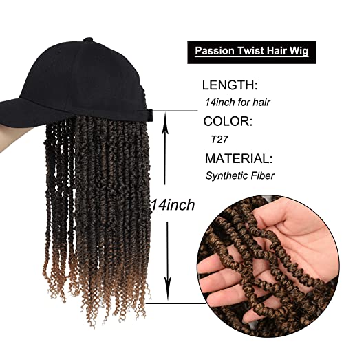Alirobam Hat Wig Short Baseball Cap Wig With Pre-Twisted Ombre Brown Passion Twist Hair Extensions Synthetic Curly Ends Wig Hat Adjustable Black Baseball Hat Wig For Black Women(14Inch, T27) #TOP4