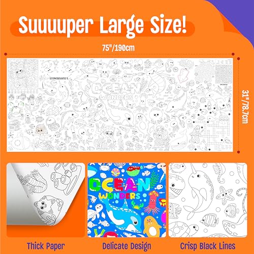 Image of Ocean Coloring Poster, Large Coloring Activity Paper 75 inch x 31 inch Jumbo Size Blue Sea-themed Paper DIY Painting Drawing Banner /Tablecloth for School, Wall Decor