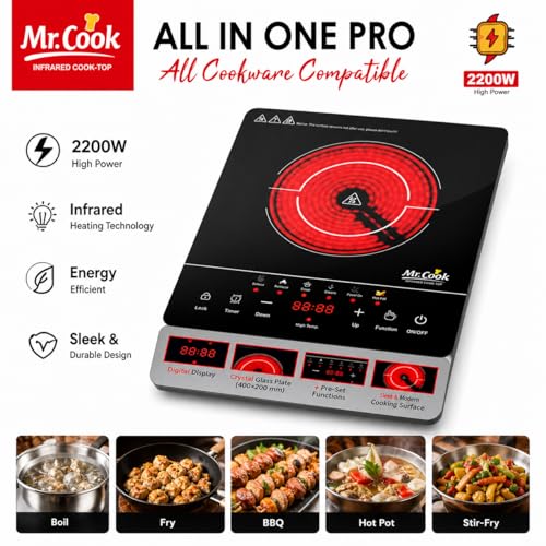 Image of Induction Infrared (Works with all utensils) Cooktop 2200W | Pro Electric Cooking Stove with Touch Control, Crystal Glass Plate, LED Display, 6 Preset Functions, Overheat Protection