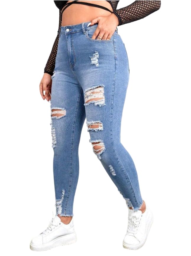 Plus Size Distressed Skinny Jeans for Women – Stretch Denim, Front Button Closure, Multi-Pocket Design, and Frayed Hem4