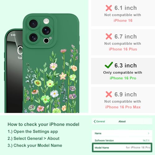 Image of Designed for iPhone 16 Pro Case Flower for Women Girls, Green | Cute Floral Pattern Liquid Silicone Phone Case [Full Camera Protection] Slim Soft TPU Protective Cover