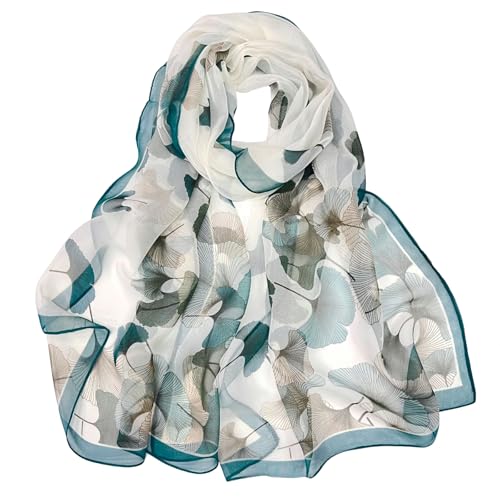 LEBOOBELL Foulard femme 160cm imprimé aquarelle lotus et fleurs écharpe légère anti-UV polyvalente l’été style champêtre élégant Bleu ginkgo