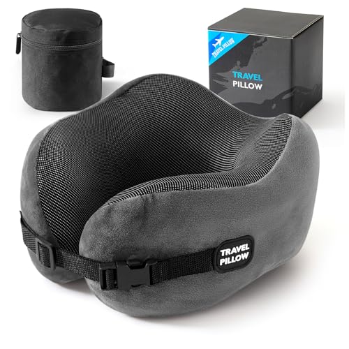 Image of Neck Pillow Travel Pillow - 100% Pure Memory Foam Airplane Pillow with Adjustable Clasp & Removable Cover, Portable Travel Essentials for Long Flights, Car & Office (Dark Gray)