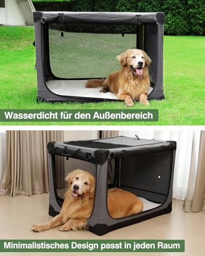 derimkcoa Hundebox faltbar für mittlere Hunde,Hundetransportbox Auto mit verstellbarem Design, reißfesten Netzfenstern & Plüsch-Betteinlage für Zuhause & Reise,106 * 78 * 78cm,Grau
