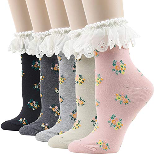 Image of KitNSox Funcat Women's Lace Ruffle Frilly Colorful Floral Cotton Casual Novelty Ankle Socks 4 /5 /6 Pairs
