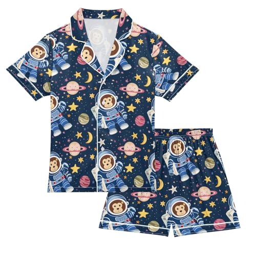 ALAZA Astronaut Monkey Star Planet Black Pajamas Satin Pajama Set Short Sleeve Button Down Sleepwear