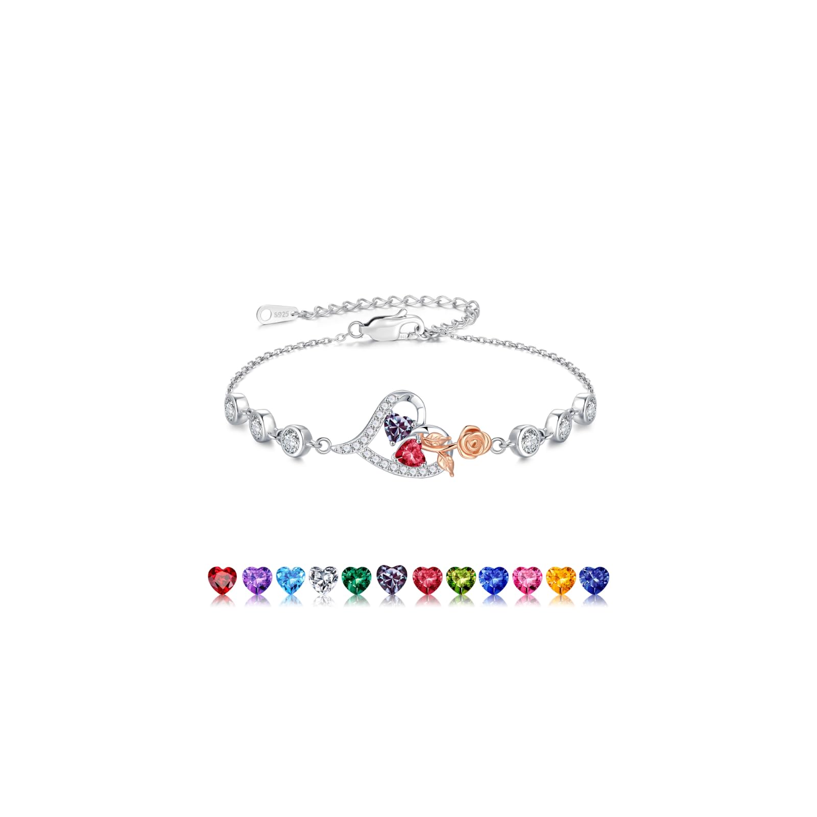 Iefil Valentines Day Gifts for Her - 925 Sterling Silver Rose Heart Birthstone Bracelets, Anniversary Birthday Gifts for Women Wife Mom Daughter, 6"+2
