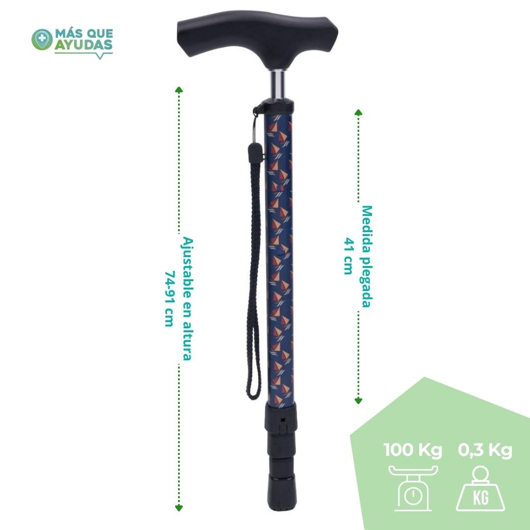 Bastón Telescópico Extensible Easy, Plegado Rápido sin Esfuerzo, Altura Ajustable 74-91 cm, Puño de Madera, Bastón para Caminar y Pasear, 320 g