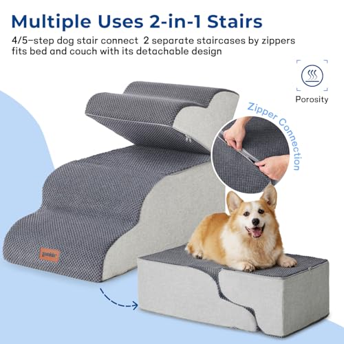 Dog Stairs for High Beds 22.8" H - Pet Stairs Ramp for Couch, 35D Foam Dog Steps for Small to Large Dogs with Non-Slip Bottom Grey, 5 Steps - Image 3