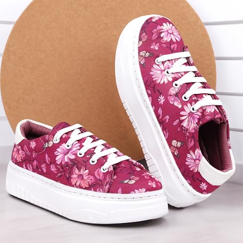Image of Floral Printed Women Casual Shoes | Blossom Pink Sneakers | Comfortable Shoes | Washable | Stylist | Ladies Printed Sneakers | Trendy Shoes for Girls