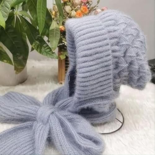 YJWZ Integrierter Gehörschutz Winddichte Mütze Schal,2 in 1 Winddichter Mützenschal Niedlich Mütze Schal Set Damen mit Brosche Winter Warm Strickmütze, Kapuzenschal für Frauen