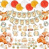 Outus 79 Pcs Fox Theme Birthday Party Decorations Woodland Fox Animal Supplies Kit Include Happy Birthday Banner Pom Pom Flowers Hanging Swirls Latex Balloons Cupcake Topper